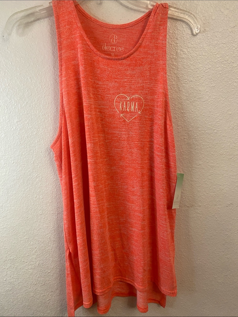Decree Coral/Pink Sleeveless Tank with Heart 'KARMA' Graphic